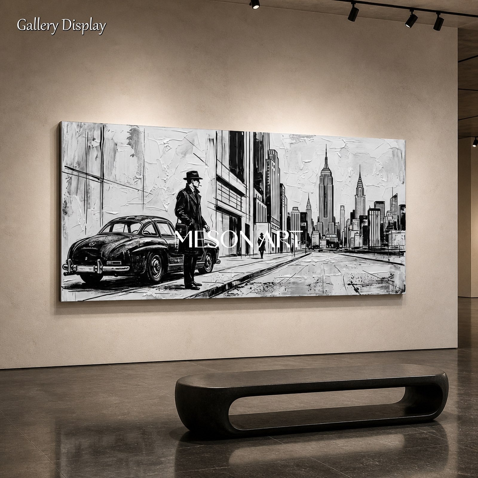 Black And White Contemporary Cityscape Painting Panoramic Wall Art Original Artist Hand Painted By Mesonart