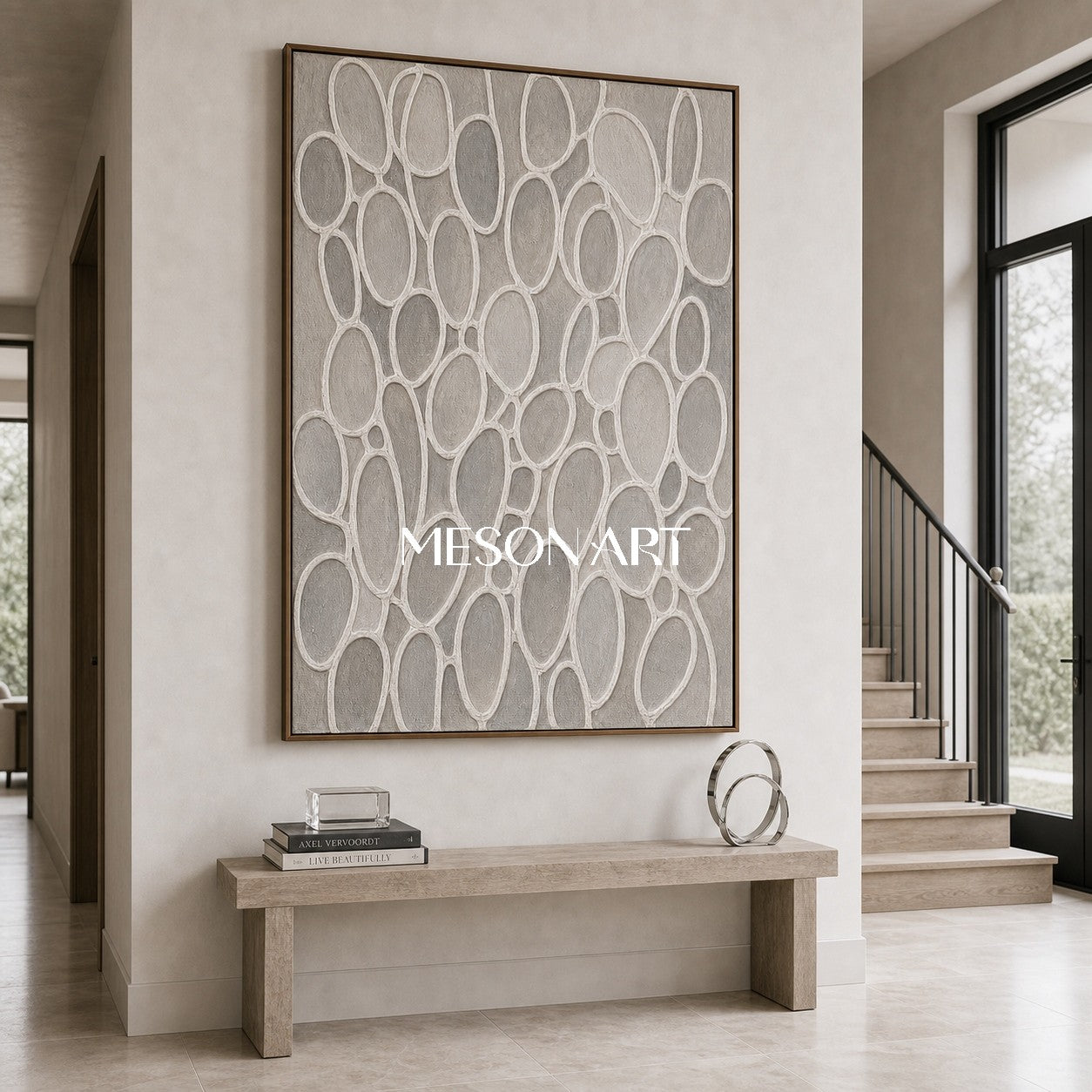 Sculptural Plaster Texture Art With Biomorphic Cells For Japandi Living Room Decor