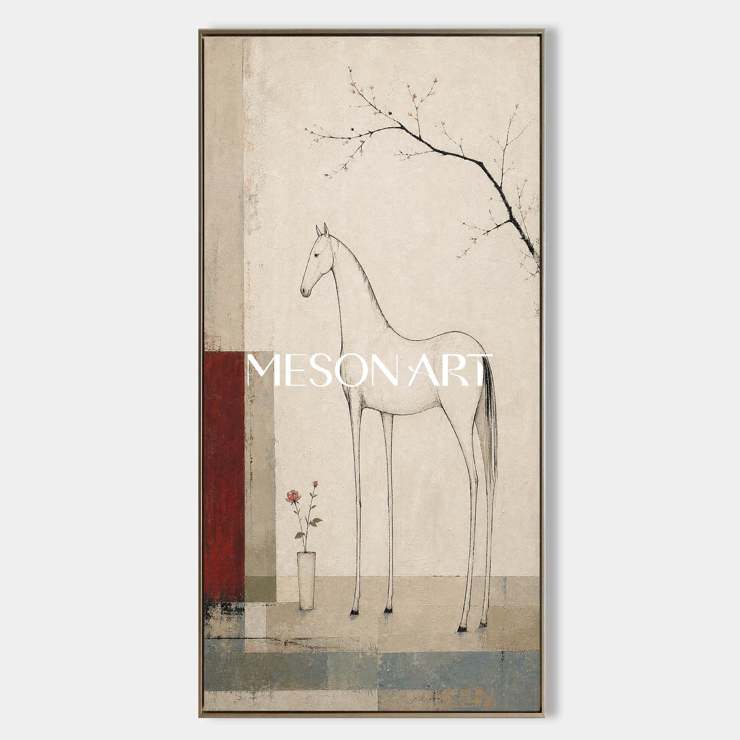 Minimalist Horse Painting In Beige And Red For Modern Living Room Entryway Decor