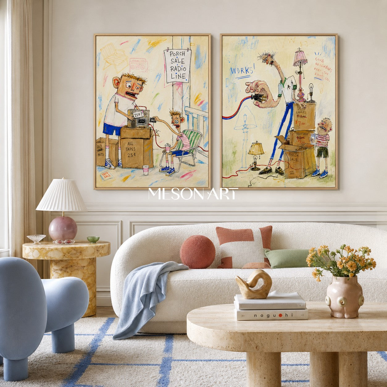Beige And Blue Graffiti Figurative Cartoon Rectangular Wall Art Original Artist Hand Painted For Living Room By Mesonart