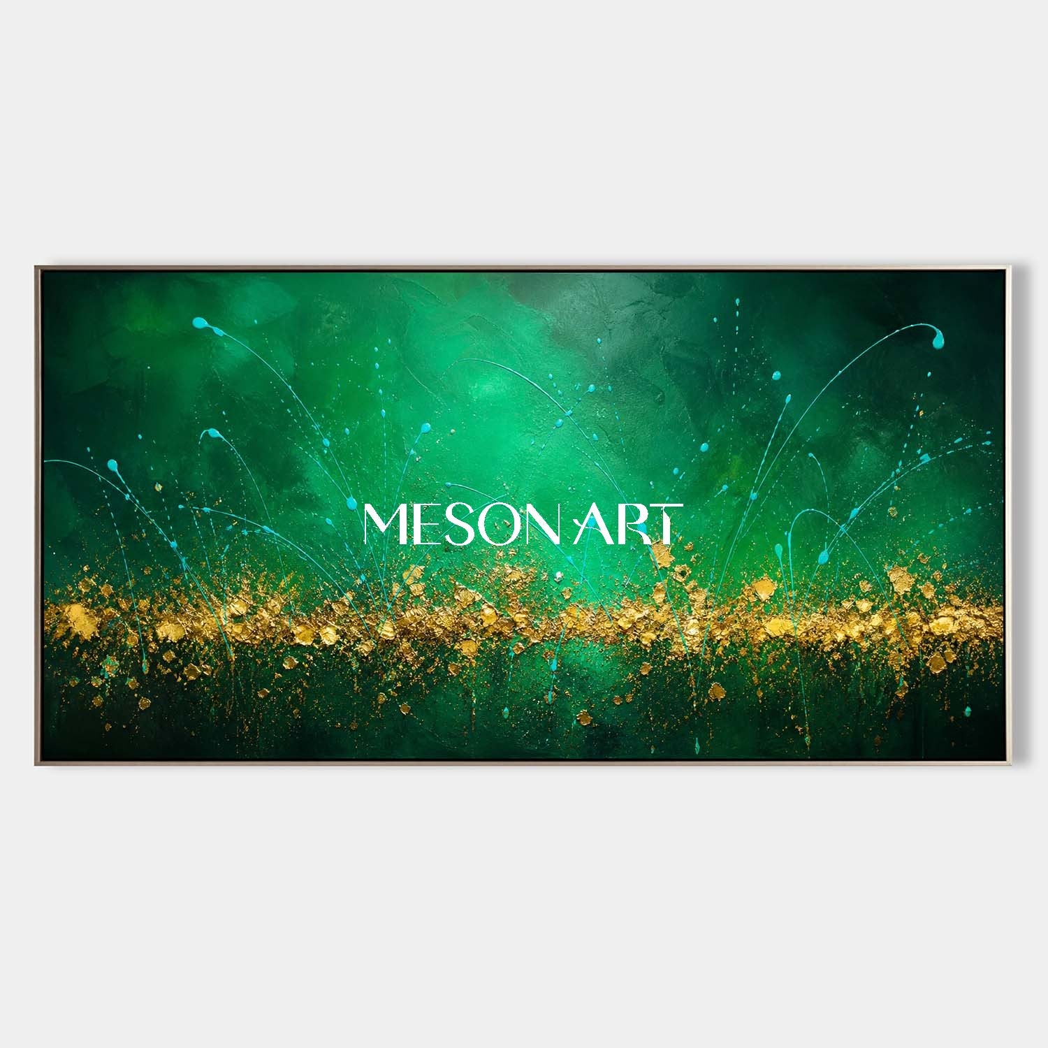 Large Emerald Green And Gold Abstract Painting On Canvas For Modern Living Room Decor