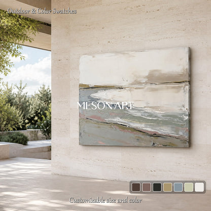 Quadro astratto raffigurante un paesaggio nei toni del beige e del grigio, opera d’arte da parete rettangolare di grandi dimensioni, opera originale dell’artista Mesonart