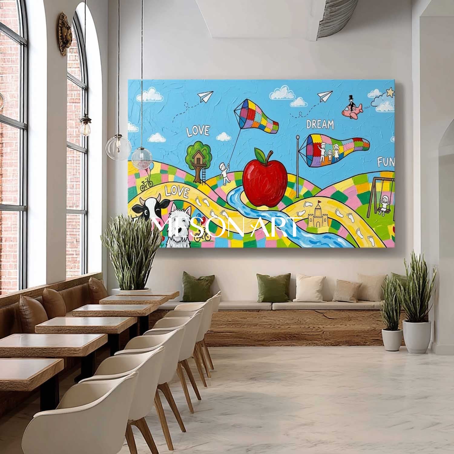 Whimsical Surrealist Painting For Kids Room With Colorful Animals And Dreams