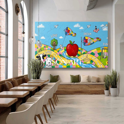 Whimsical Surrealist Painting For Kids Room With Colorful Animals And Dreams