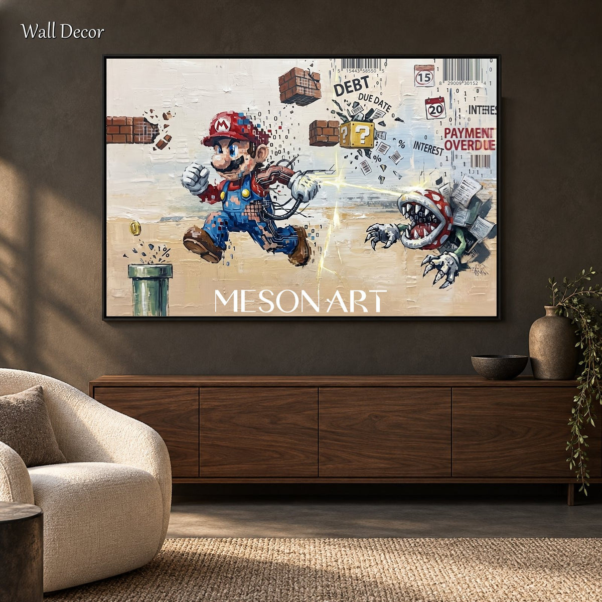 Red And Blue Surrealist Painting Cyber Mario Video Game Art Rectangular Wall Decor For Living Room By Mesonart