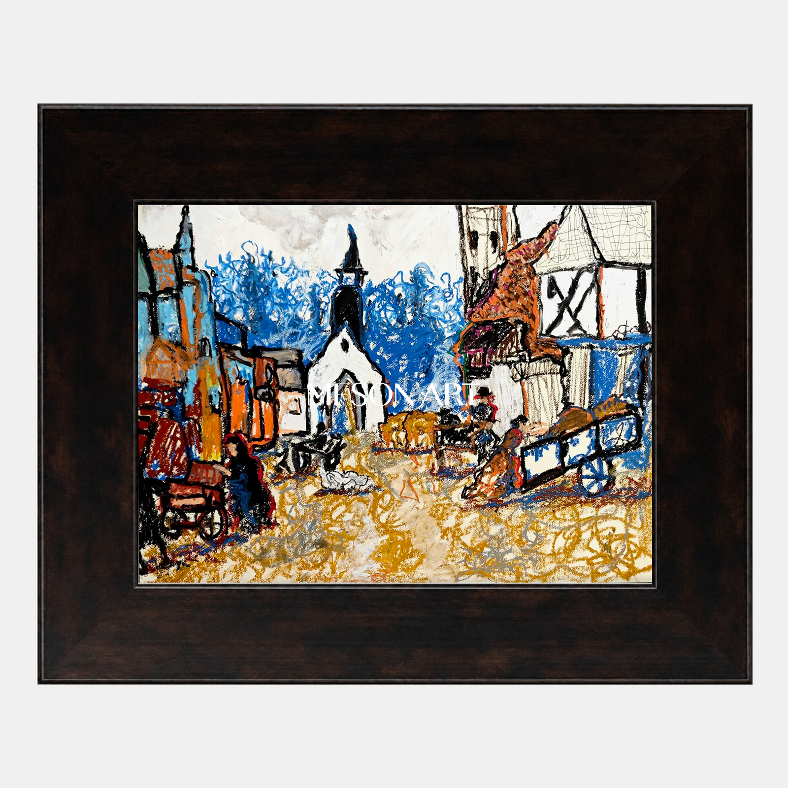 Abstract Modern Landscape Painting With Blue And Ochre Tones For Living Room Decor