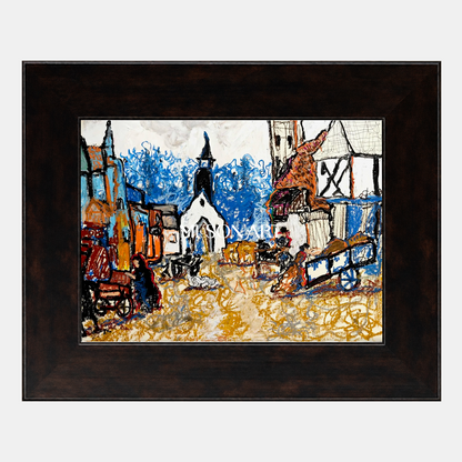 Pittura paesaggistica moderna astratta con tonalità di blu e ocra per l'arredamento del soggiorno