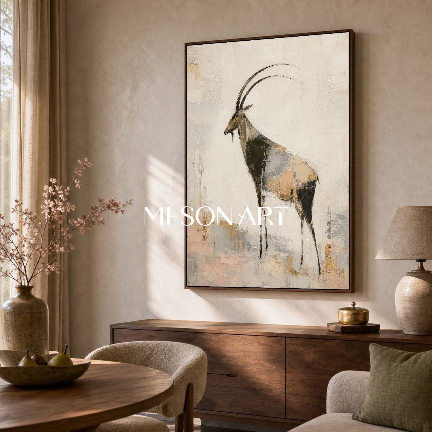 Abstract Antelope Wall Art Gold Beige Modern Animal Painting For Living Room Decor
