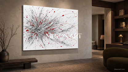 Red And Silver Abstract Painting For Modern Living Room Decor With Textured Relief