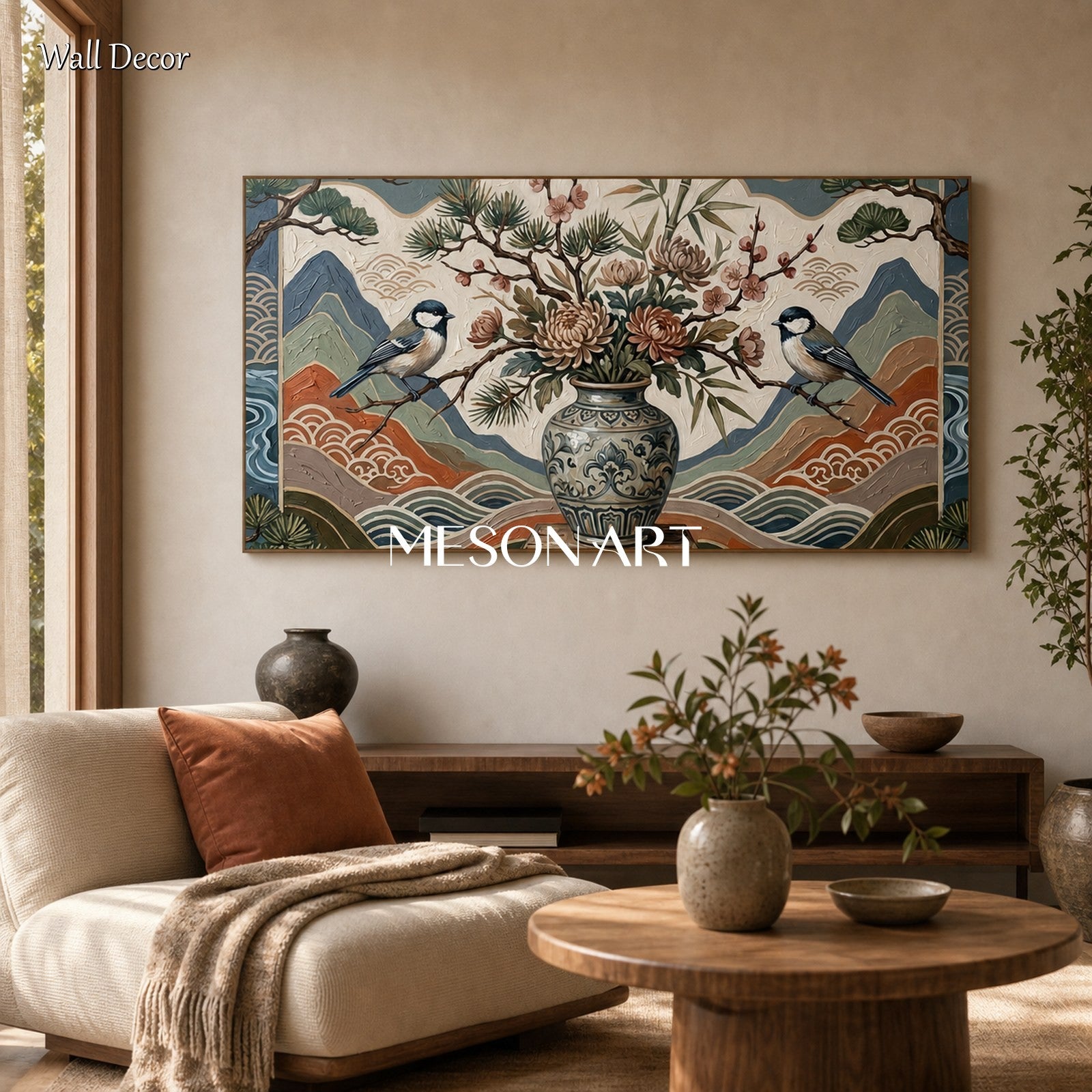 Large Chinoiserie Bird And Floral Art Painting With Textured Relief For Living Room Decor