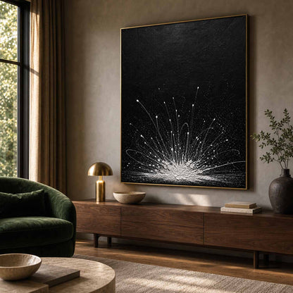 Abstract Black White Explosion Painting Original Oil Art For Modern Living Room Entryway Decor