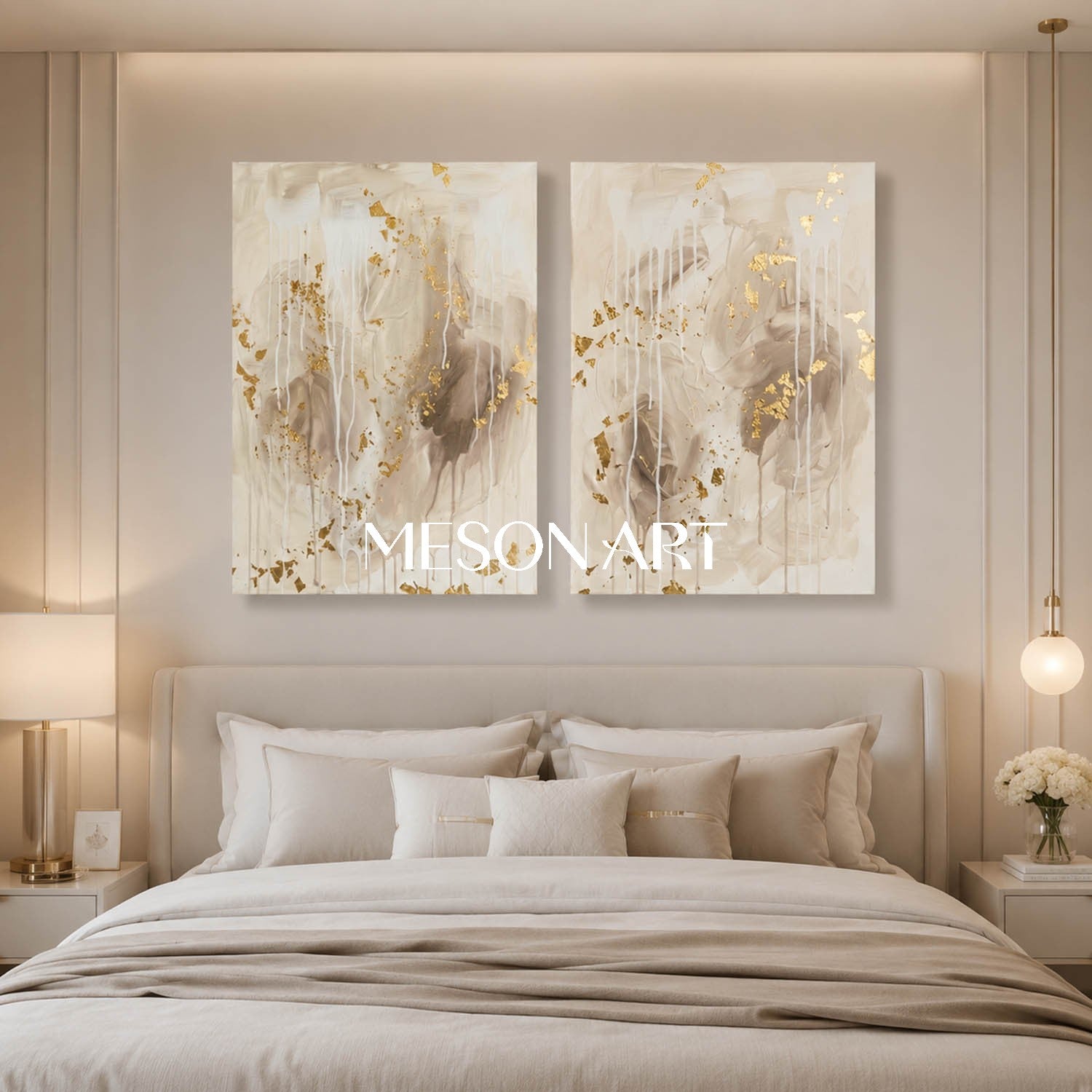 Gilded Abstract Diptych With Gold Leaf For Modern Living Room And Entryway Decor