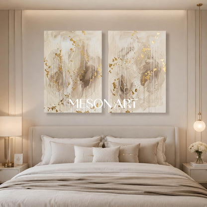 Gilded Abstract Diptych With Gold Leaf For Modern Living Room And Entryway Decor