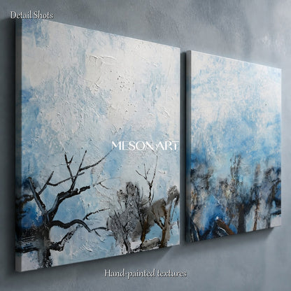 Blue And White Textured Abstract Landscape Painting Rectangular Wall Art For Living Room By Mesonart