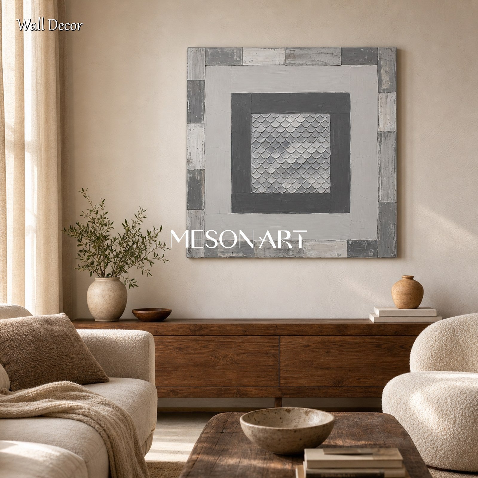Gray Abstract Art Painting With Textured Relief For Art Deco Living Room Wall Decor