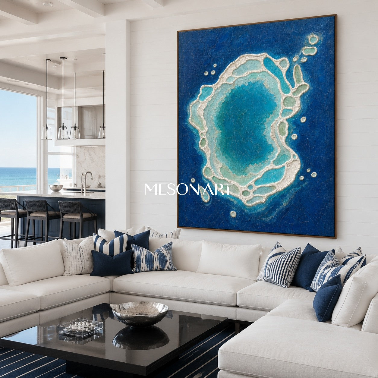 Azure Lagoon Circle Textured Blue And White Ocean Art For Living Room