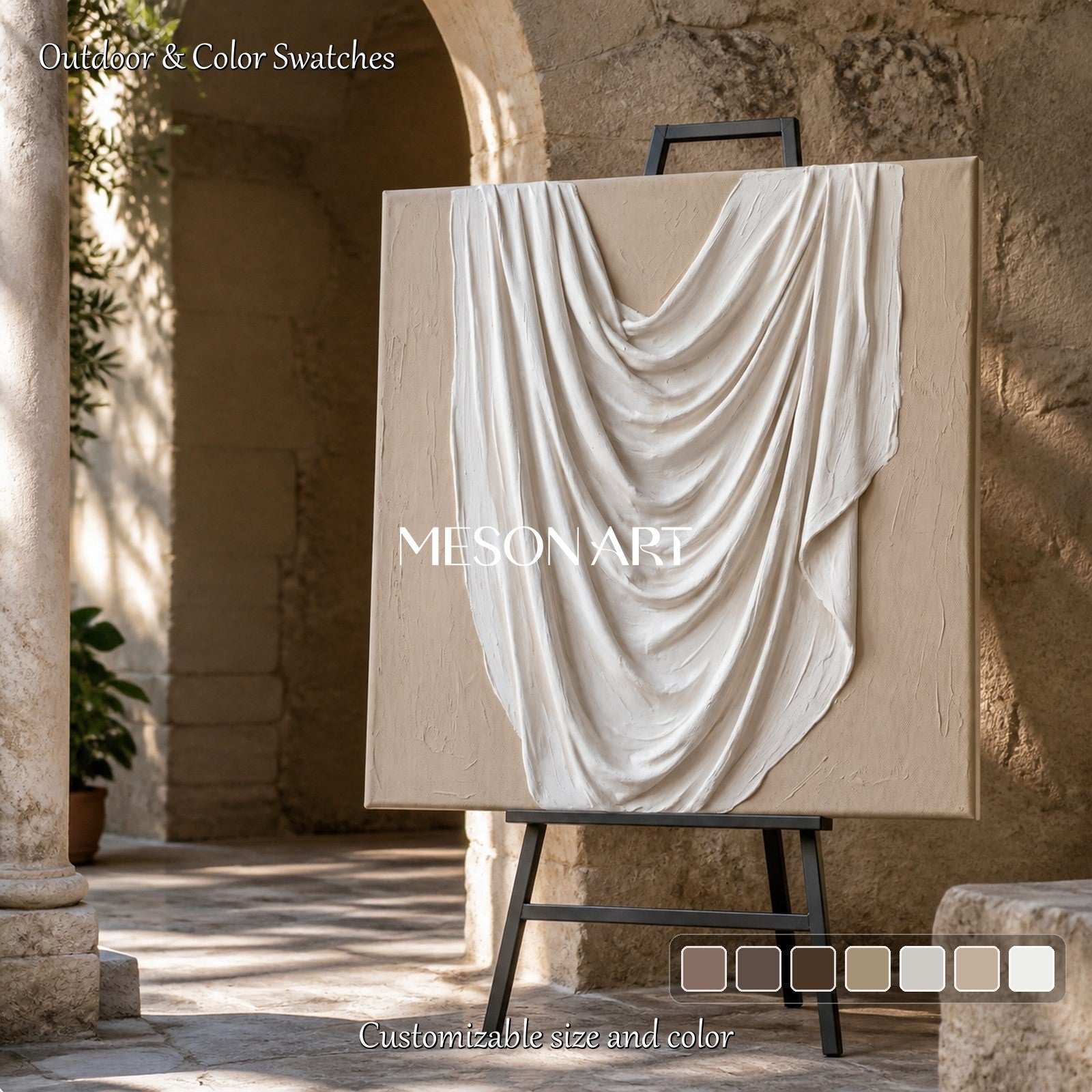 Beige And White Sculptural 3D Textured Wall Art Square Organic Modern Canvas Painting By Mesonart