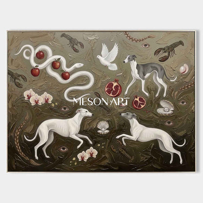 Original Surrealist Greyhound Painting Texture Wall Canvas Living Room