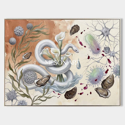 Original Bio Surrealist White Snake Oil Painting Luxury Villa Decor