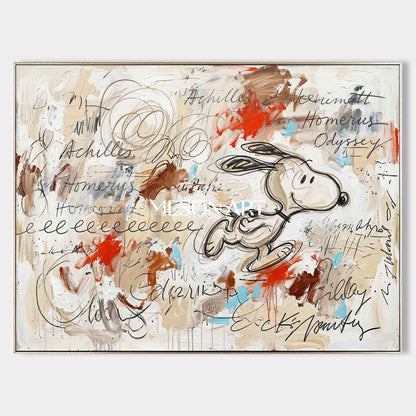 Original Pop Art Oil Painting Achilles Snoopy Framed Canvas Bedroom