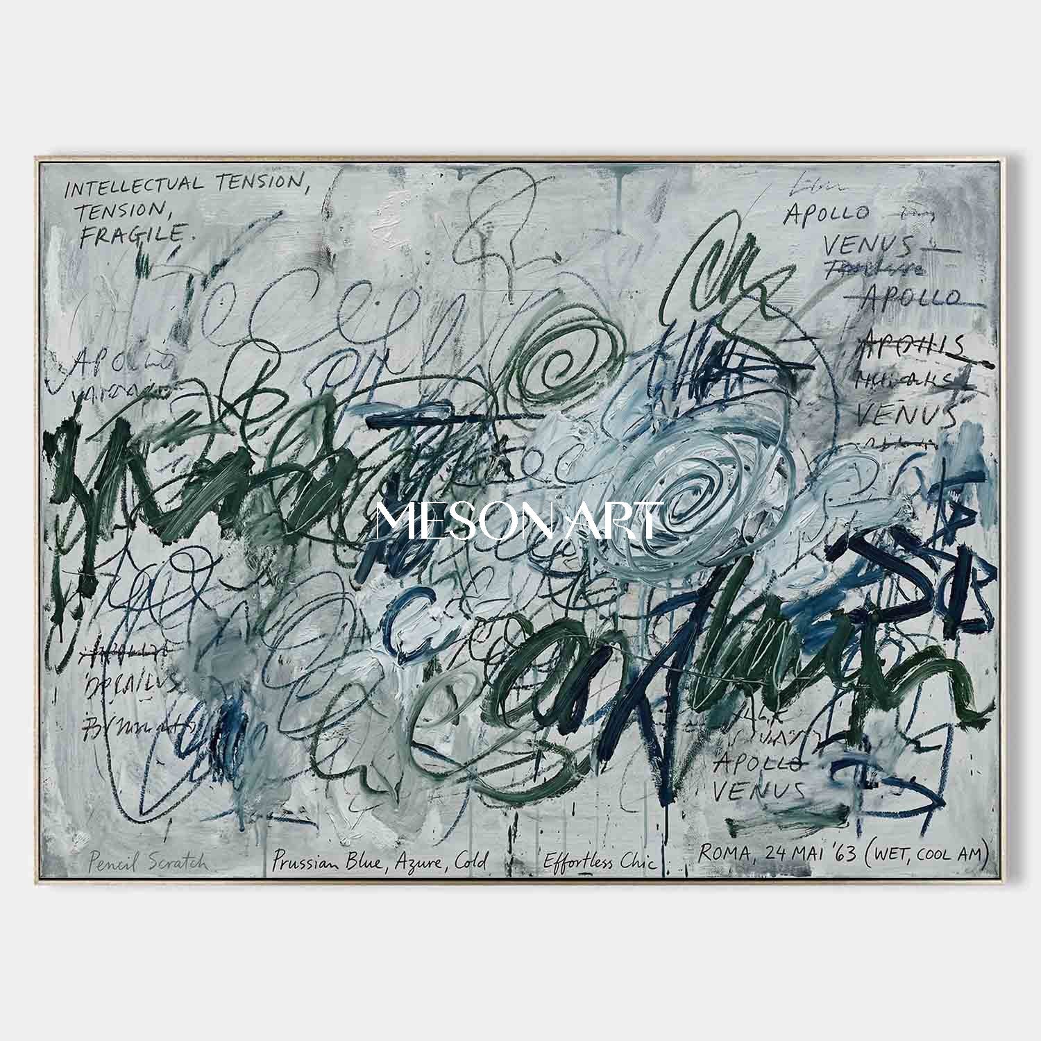 Original Prussian Blue Abstract Painting Large Scribble Art Statement