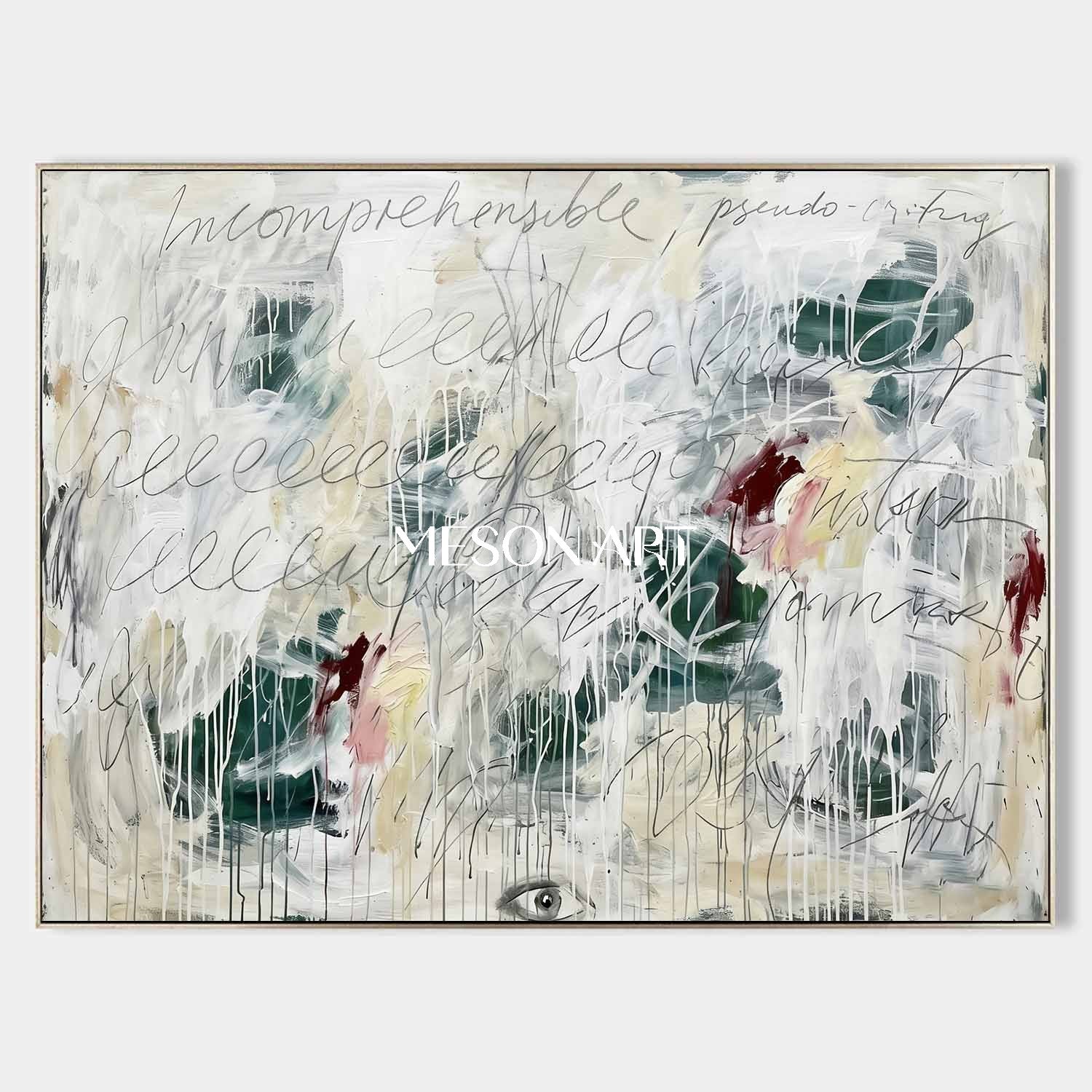 Large White Drip Graffiti Painting Handmade Textured Script Canvas Office