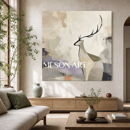 Minimalist Deer Abstract Canvas Art With Textured Beige Grey Tones For Living Room Bedroom Decor