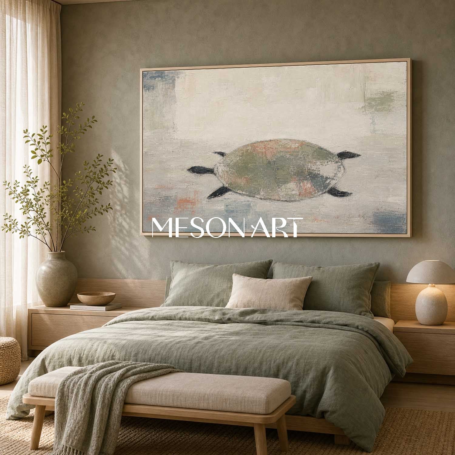 Minimalist Turtle Painting Abstract Green Grey Wall Art For Modern Living Room And Bedroom Decor