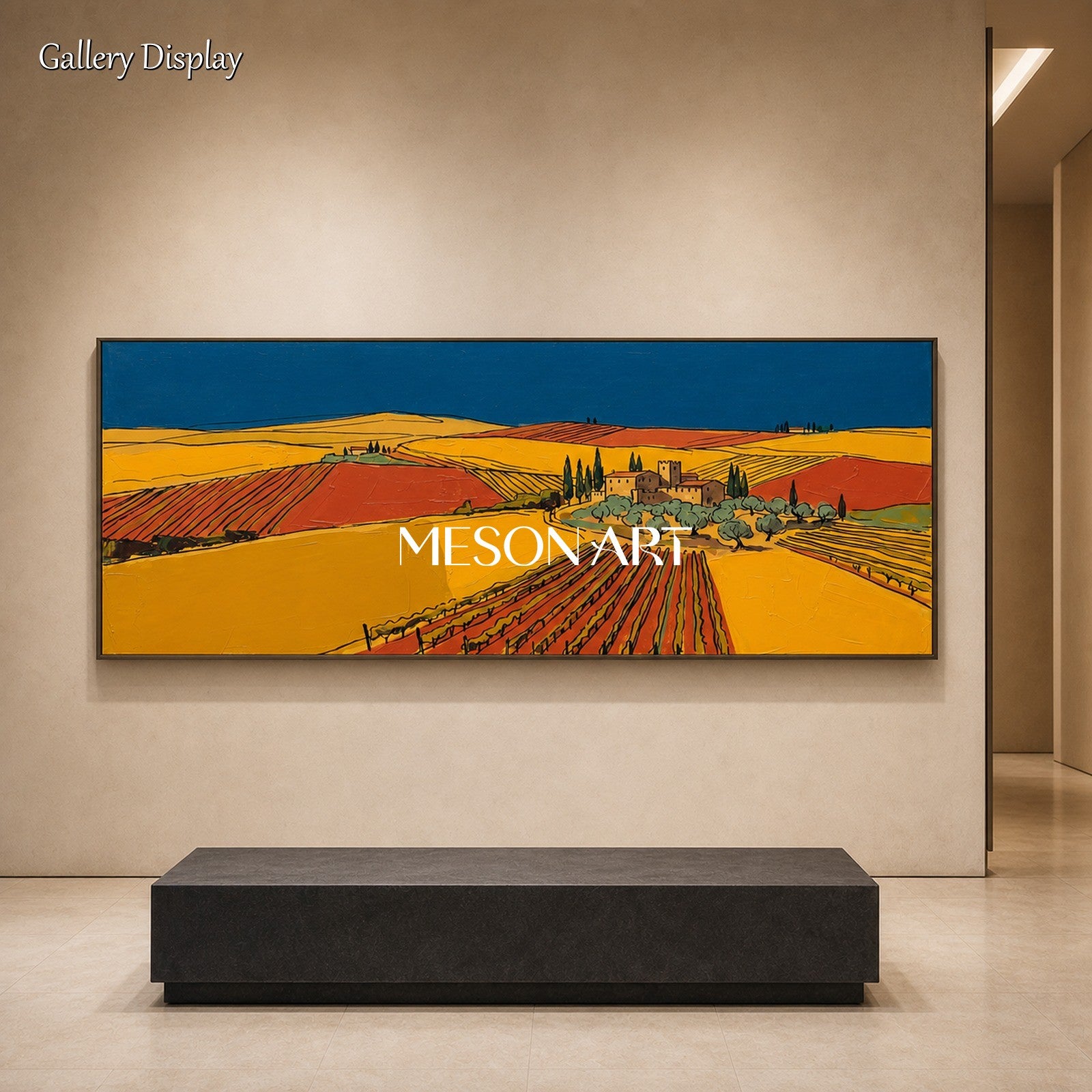 Yellow And Blue Vineyard Landscape Painting Contemporary Art Original Artist Panoramic Wall Decor For Dining Room By Mesonart