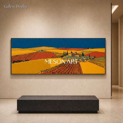 Yellow And Blue Vineyard Landscape Painting Contemporary Art Original Artist Panoramic Wall Decor For Dining Room By Mesonart