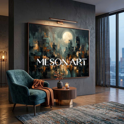 Abstract City Painting With Gold Accents For Modern Living Room Decor