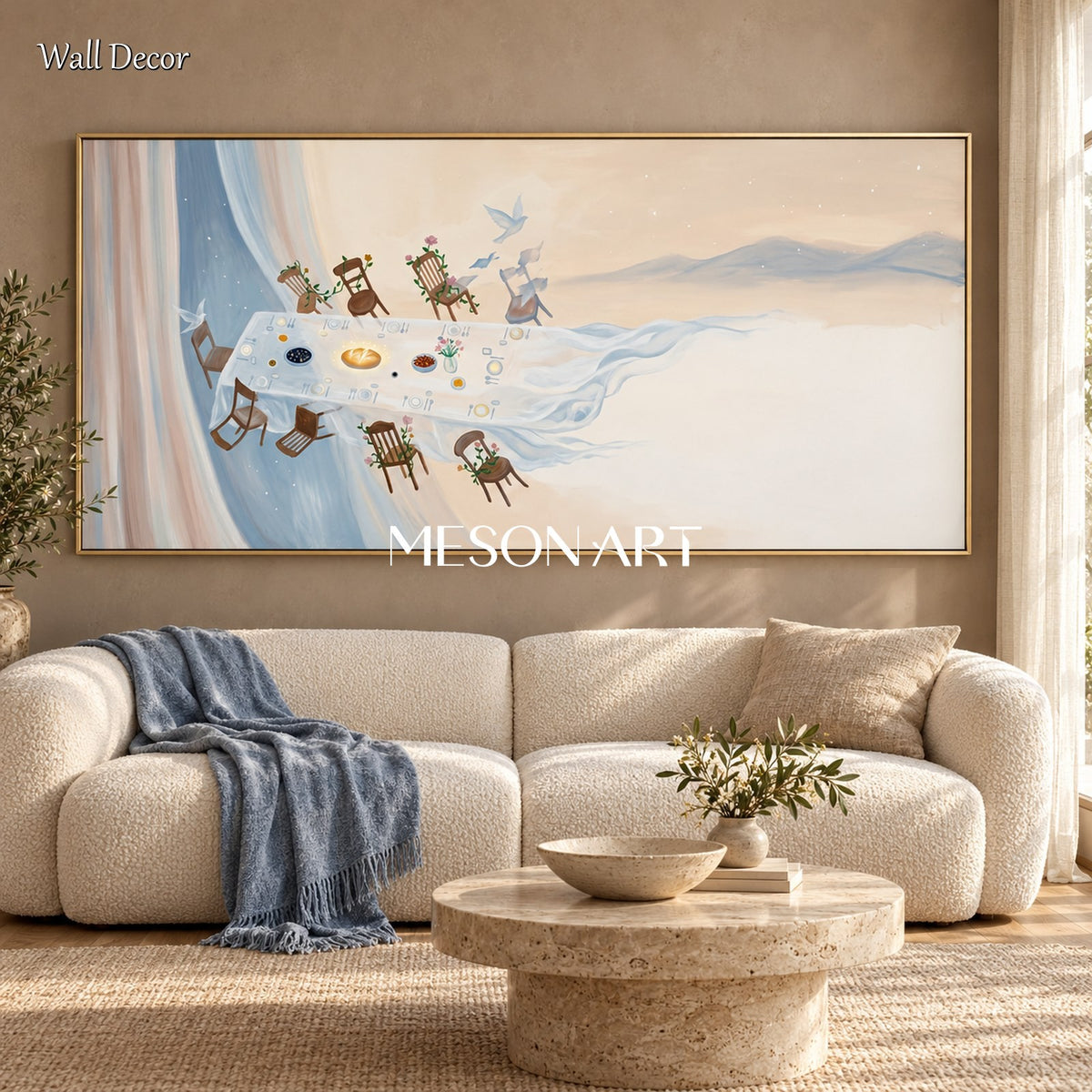 Beige And Blue Surrealist Art Large Long Table Panoramic Wall Decor Original Artist By Mesonart