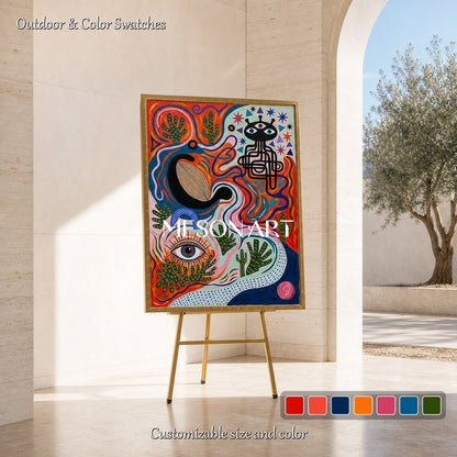 Surrealist Art Print With Mystical Eyes And Desert Cactus For Modern Living Room Decor