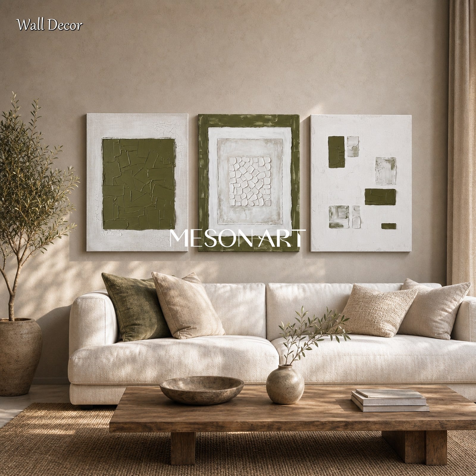 Green And White Minimalist Abstract Art Triptych For Modern Living Room Decor