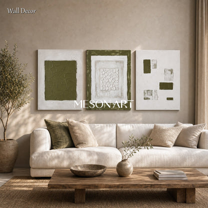 Green And White Minimalist Abstract Art Triptych For Modern Living Room Decor