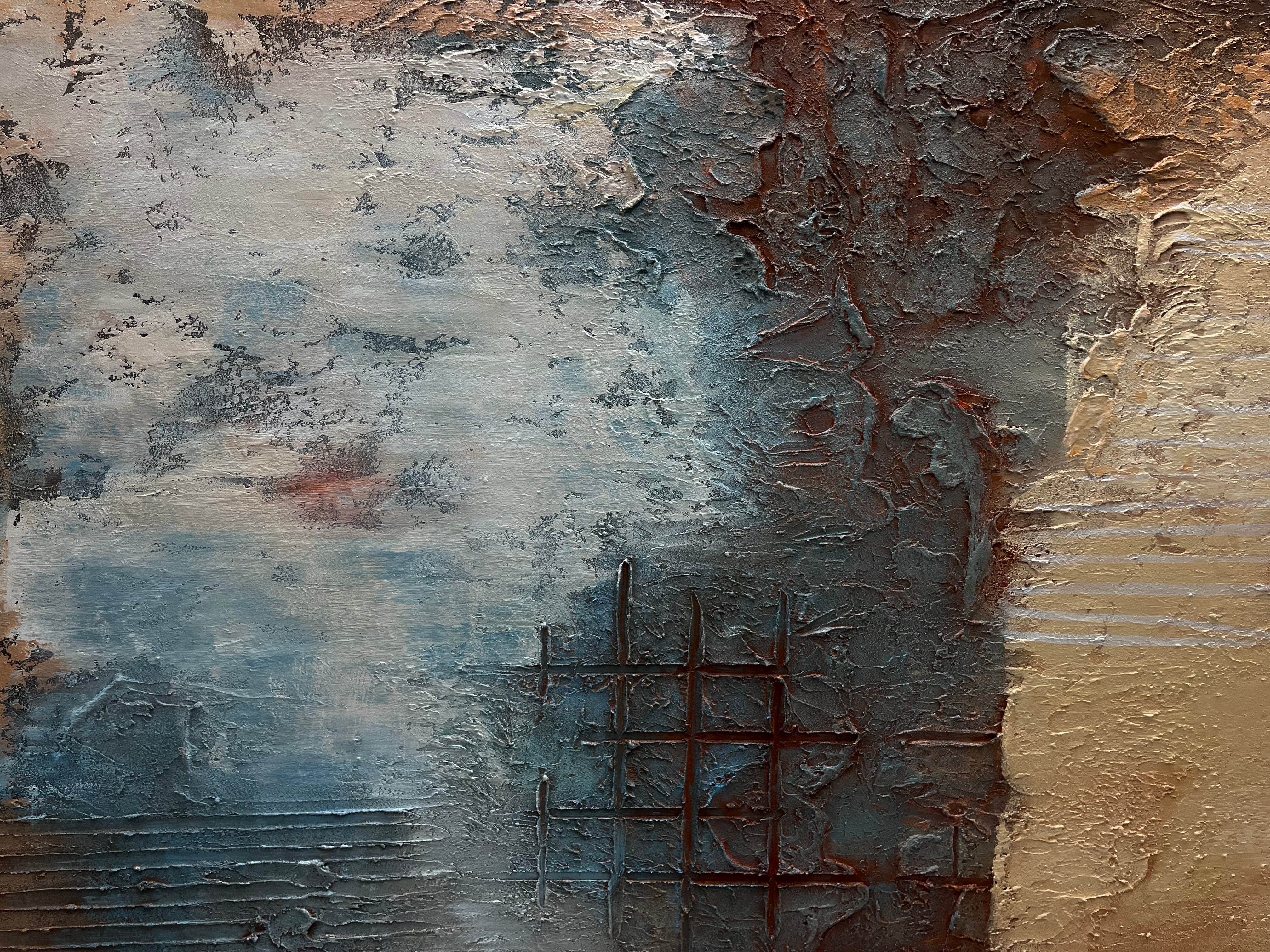 Large Wabi Sabi Abstract Art Wall Decor Blue and Brown Textured Painting for Sale