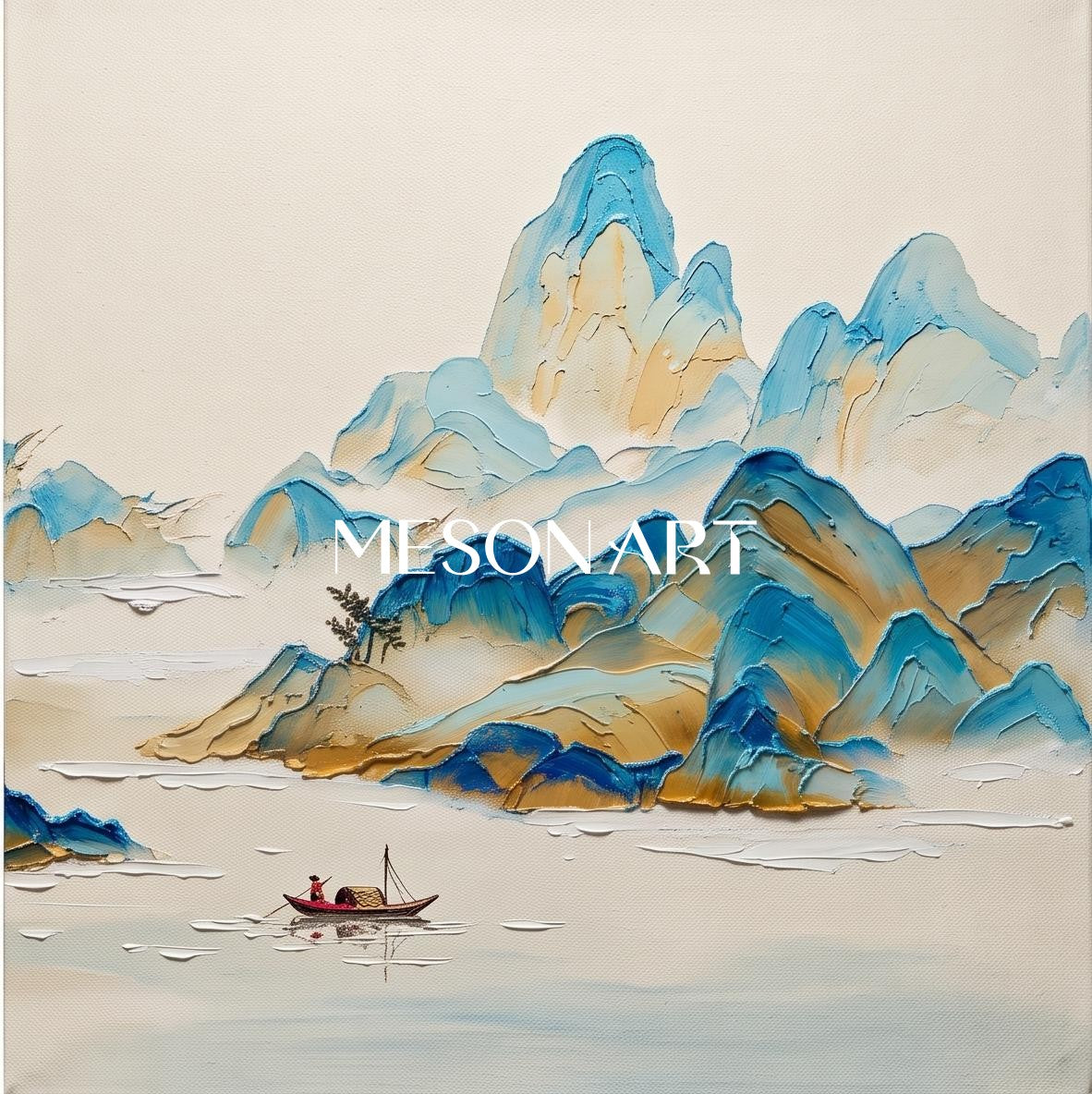 Blue Beige Modern Mountain Landscape Art Hand Painted Square Wall Decor By Mesonart