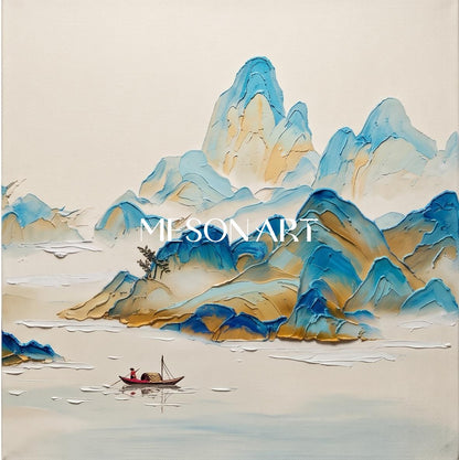 Blue Beige Modern Mountain Landscape Art Hand Painted Square Wall Decor By Mesonart