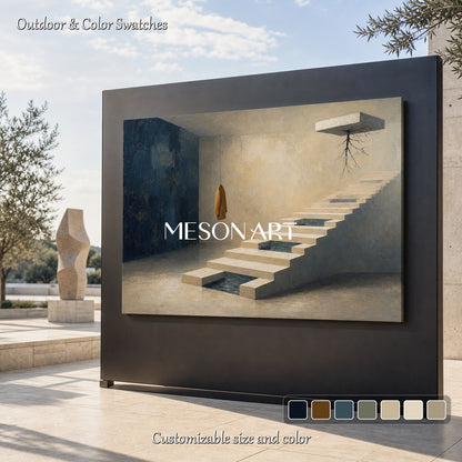 Surrealist Staircase Painting With Floating Roots And Coat For Executive Office Decor