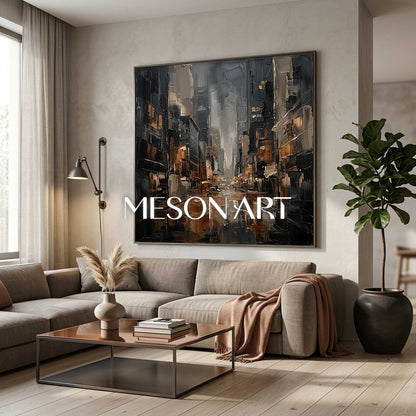 Bronze And Grey Abstract City Painting With Textured Plaster Finish For Executive Office Decor