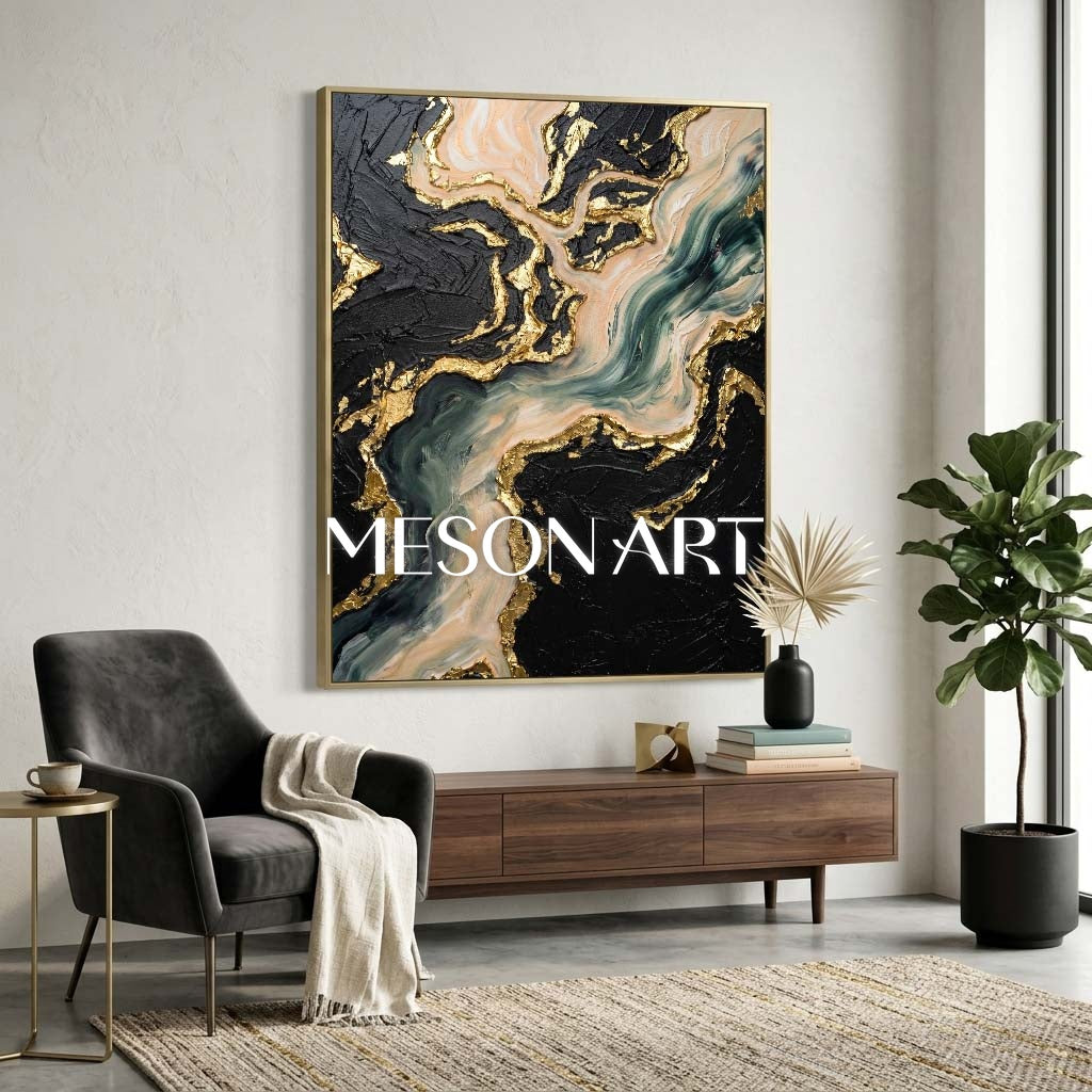 Luxury Abstract Seascape Painting With Gold Leaf Texture For Modern Living Room Decor