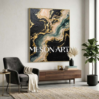 Luxury Abstract Seascape Painting With Gold Leaf Texture For Modern Living Room Decor