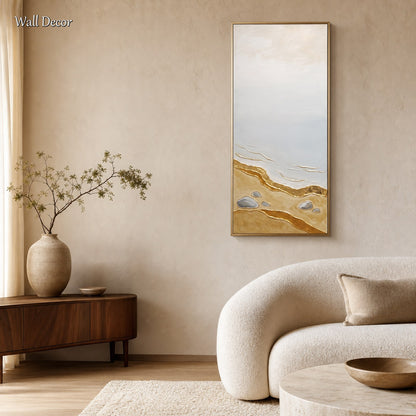 3D Textured Gold Beach Painting With Metallic Accents For Modern Living Room Decor