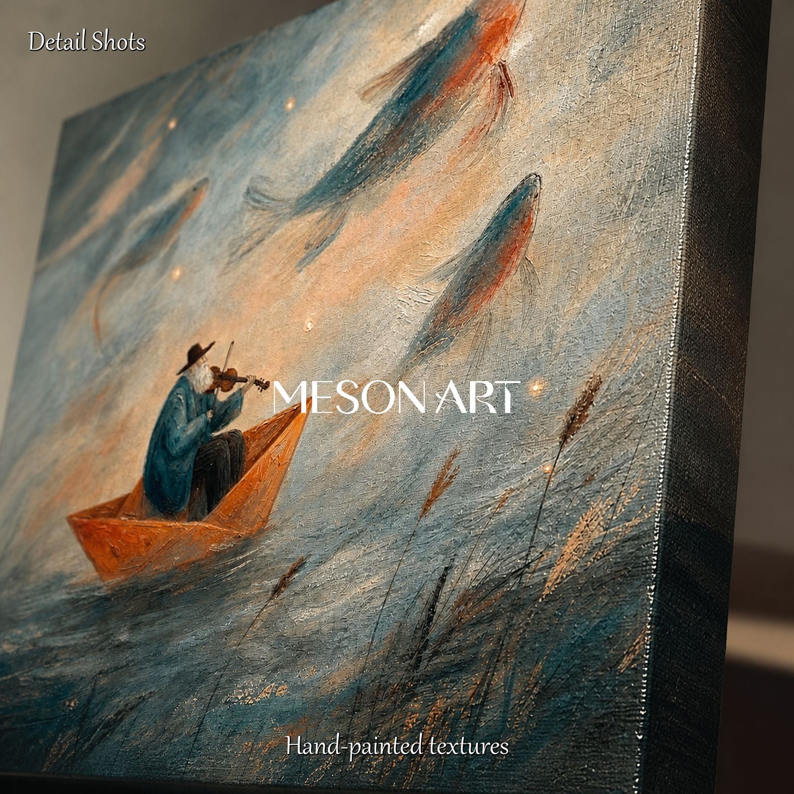 Blue Surreal Fantasy Art With Violin And Fish Rectangular Wall Decor For Living Room By Mesonart