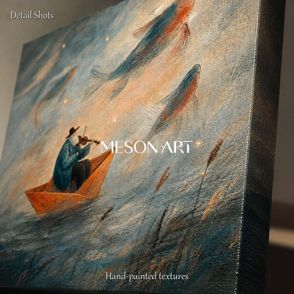 Blue Surreal Fantasy Art With Violin And Fish Rectangular Wall Decor For Living Room By Mesonart