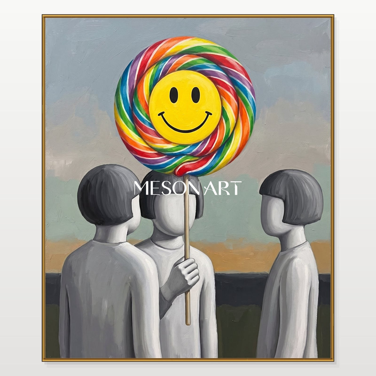 Yellow And Gray Surrealist Painting Lollipop Rectangular Wall Art Original Artist By Mesonart
