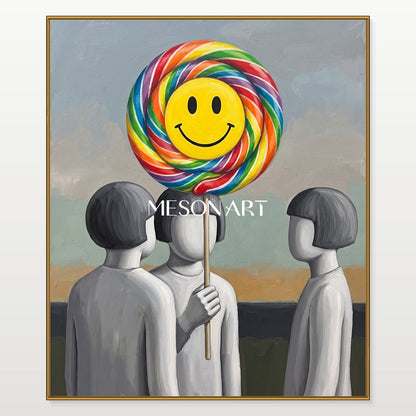 Yellow And Gray Surrealist Painting Lollipop Rectangular Wall Art Original Artist By Mesonart