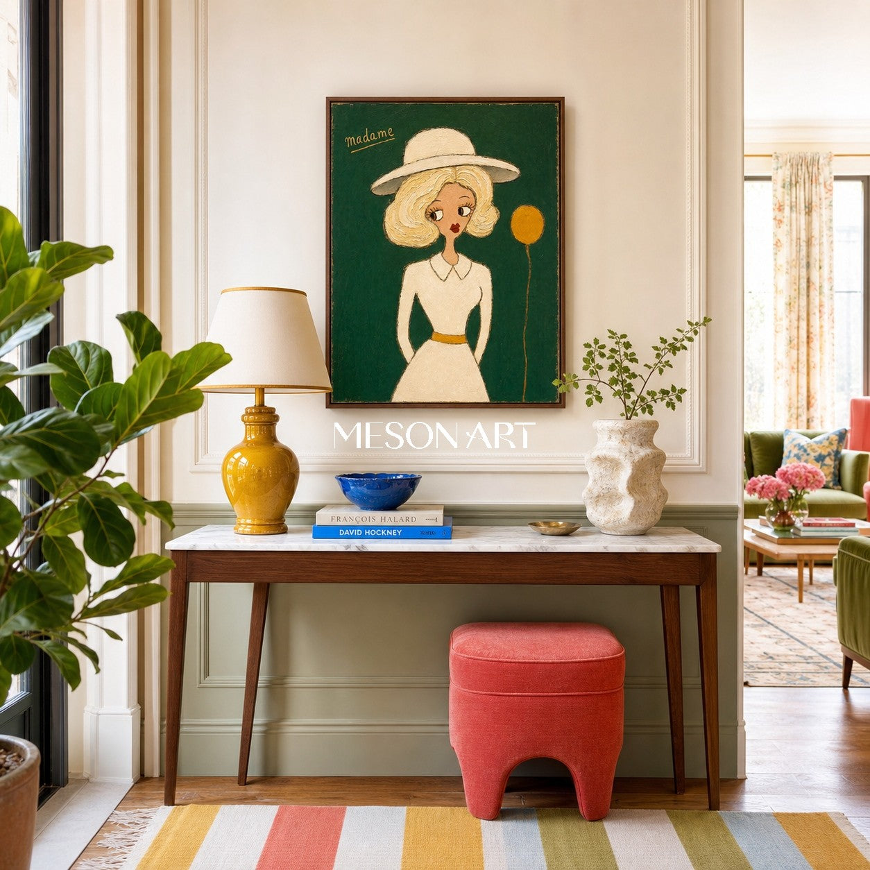 Elegant Fashion Lady Portrait Painting In Green And Gold For Bedroom Decor