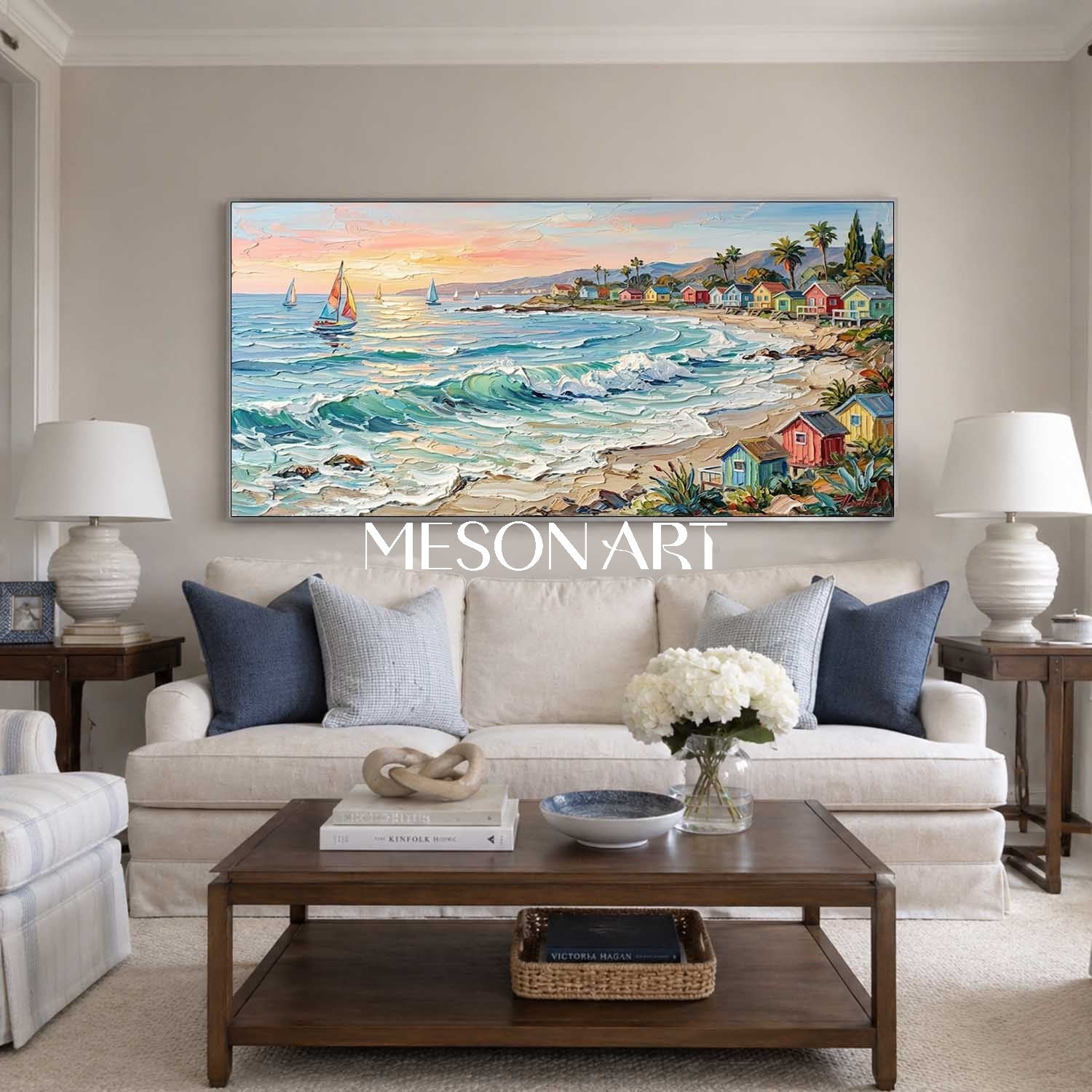 Luxury Mediterranean Coastal Oil Painting With Colorful Cottages And Turquoise Waves For Living Room