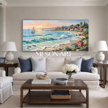 Luxury Mediterranean Coastal Oil Painting With Colorful Cottages And Turquoise Waves For Living Room